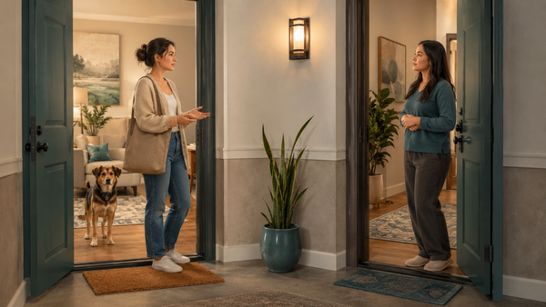 Dog owner calmly asking a neighbor about barking in an apartment hallway