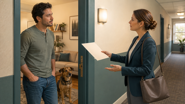 A renter receives a formal notice from a property manager while a calm dog waits inside the apartment