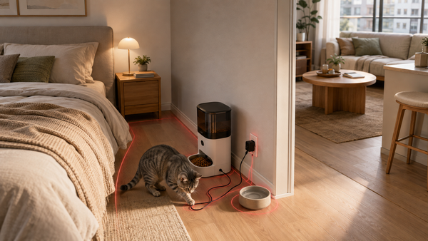  Automatic pet feeder beside a bed, shared wall, loose cord and water bowl in a small apartment