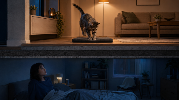 A cat lands on a padded mat in an upstairs apartment while the downstairs neighbor looks toward the ceiling at 4 a.m