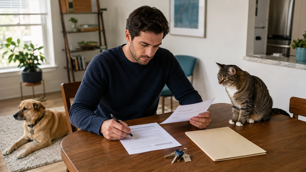 Renter reviewing a lease and pet addendum beside a cat and dog in an apartment