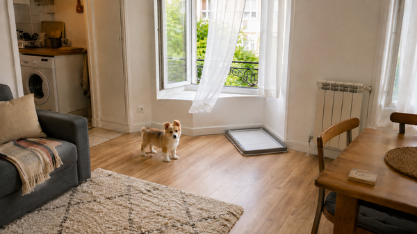 Puppy pad secured in a waterproof tray near an open window in a compact flat.