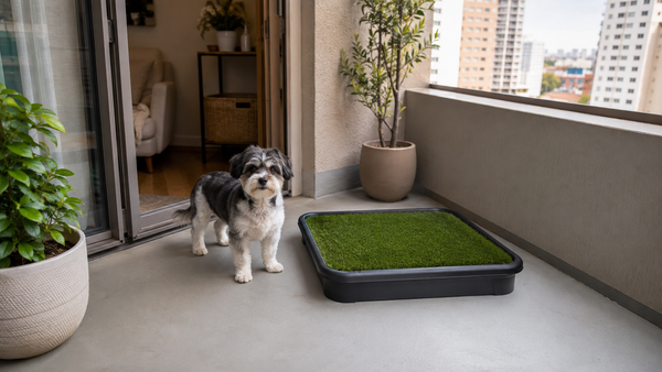 Small dog beside a self-contained potty tray on a high-rise apartment balcony